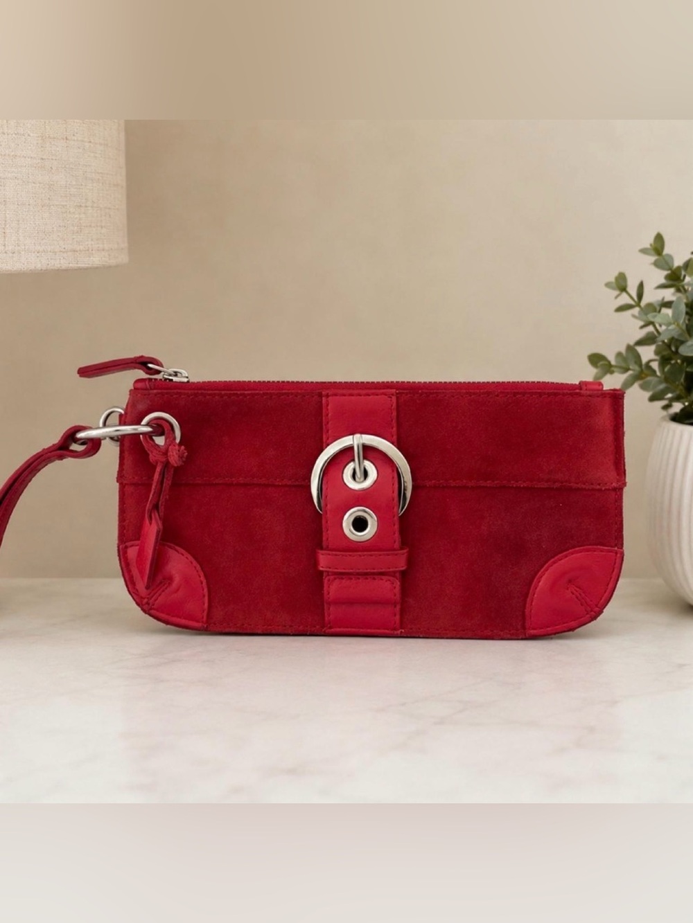 Red Suede Wristlet Bag with Silver Hardware